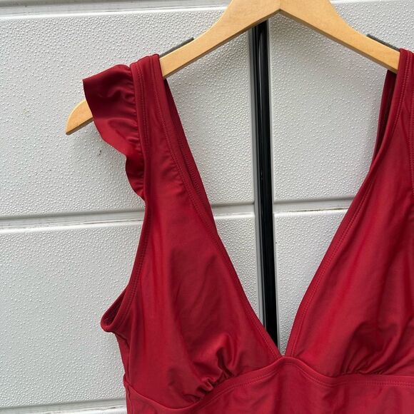 Kona Sol Maroon Ruffle One Piece Swimsuit XLarge High Coverage V-Neck - Picture 4 of 7